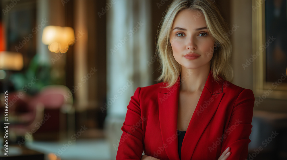 Obraz premium Fashion shoot featuring a 32-year-old American white female model in full-length, wearing a red business jacket, round neck, high resolution, fashionable style. in an expensive hotel