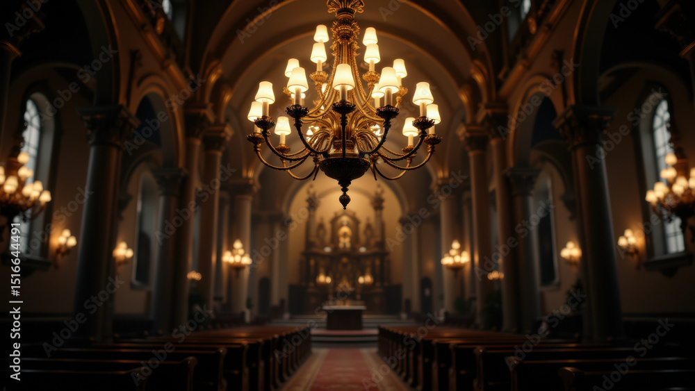Fototapeta premium A solemn Christian church interior with pews and chandeliers.