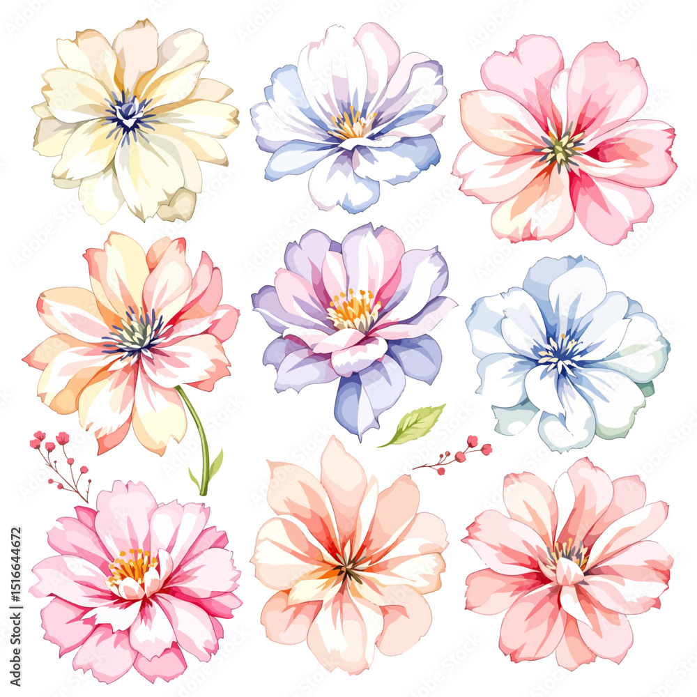 Set of watercolor flowers on white background Set of watercolor flowers on white background