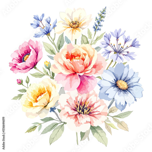 Set of watercolor flowers on white background