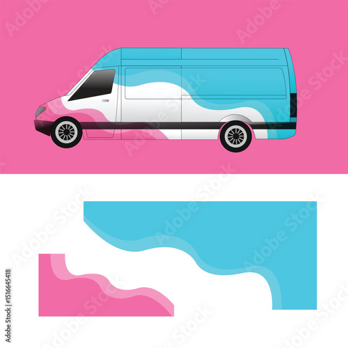 decal livery design for wrapping the body of a cargo van branding car. decal pink and blue soft