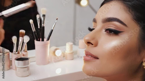 A young Middle-Eastern woman with long dark hair is having her makeup applied. Brushes and cosmetics are arranged on a vanity table in a bright setting.