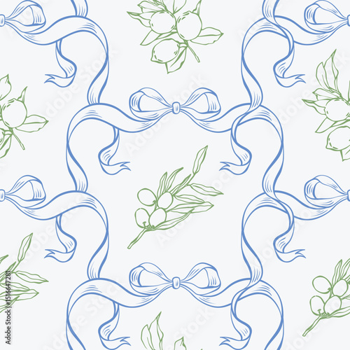 Mediterranean seamless pattern with lemons, olives and ribbons. La dolce vita summer line art background with hand drawn lemons, olives, and elegant blue ribbon bows for fabric, wrap, packaging, card.
