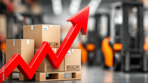 Rising Inventory: A vibrant red arrow points upward, dramatically highlighting a stack of cardboard boxes on a pallet, symbolizing growth and increase in warehouse inventory.