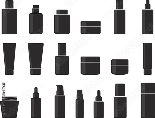 Vector set of cosmetic containers, lotion bottles, cream jars, dropper tubes, beauty product packaging icons for skincare and makeup design