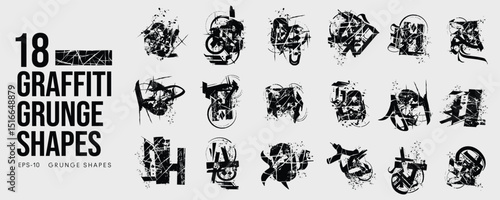 Grunge Graffiti Halftone Texture Elements Set Abstract Geometric Shapes. Ink Spray Horror Borders. Glitch Distortion.  Noise Overlay And Distressed Vector Effects