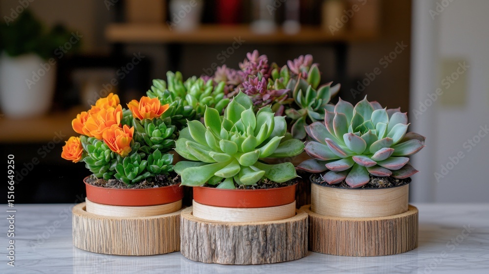 Colorful Succulent Plants in Ceramic Pots on Wooden Stands for Home Decor and Interior Design Inspiration Colorful Succulent Plants in Ceramic Pots on Wooden Stands for Home Decor and Interior Design Inspiration