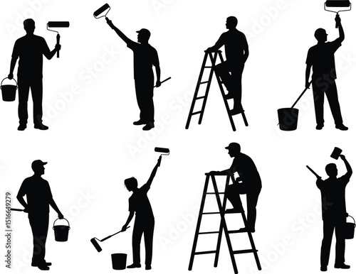 Vector painter silhouettes, man holding roller and paint bucket, painting action poses, ladder work, home renovation or construction illustrations