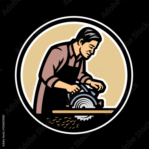 Carpenter with circular saw logo, emblem on dark background.