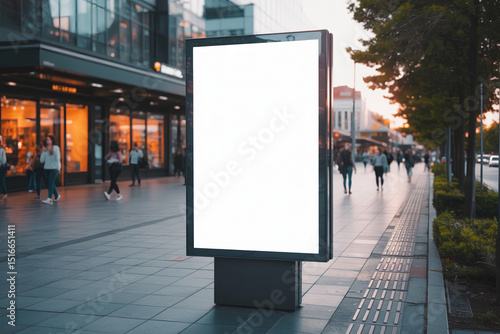 Blank vertical billboard on modern bus shelter in city street, realistic scene with soft sunset lighting and cinematic shallow depth of field

