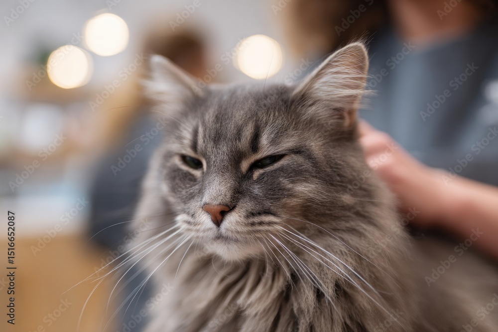 Fototapeta premium focused image of pet care worker gently grooming cat with blurred people in background