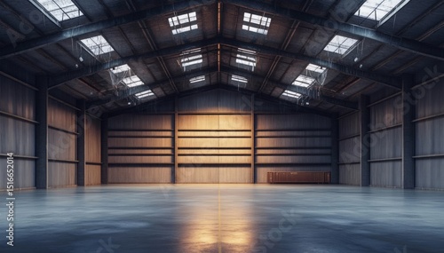 Wallpaper Mural Spacious Industrial Warehouse: A vast industrial warehouse interior, illuminated by natural light streaming through overhead skylights, creating a sense of openness and potential. The sleek. Torontodigital.ca