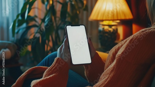 Woman relaxing at home using smartphone.