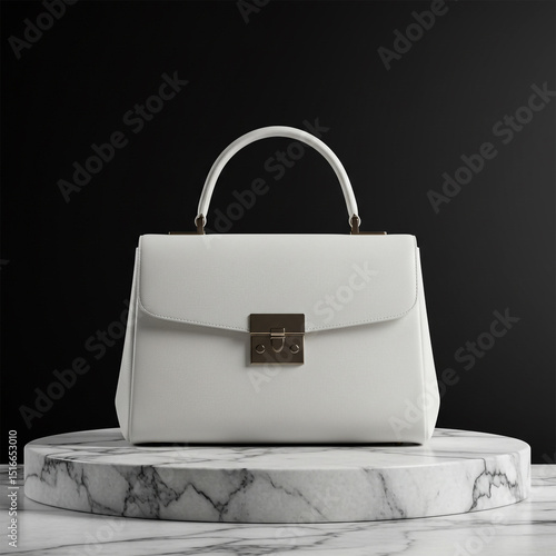 Luxury White Leather Handbag Mockup on Marble Platform with Premium Studio Lighting