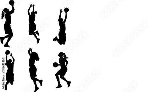 Silhouette illustration of three female basketball players in dynamic action poses.