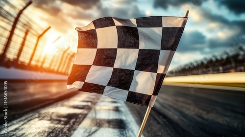 A close-up shot of a checkered flag waving at the finish line of a race , competition, speed, victory, winning
