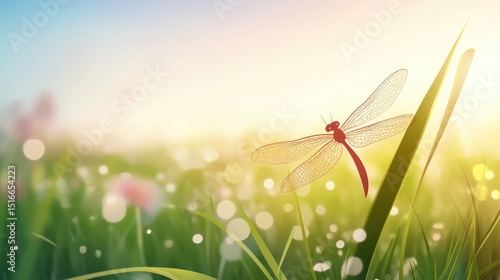 A dragonfly rests on tall grass on a beautiful summer morning.