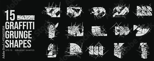 Grunge Graffiti Halftone Texture Elements Set Abstract Geometric Shapes. Ink Spray Horror Borders. Glitch Distortion.  Noise Overlay And Distressed Vector Effects