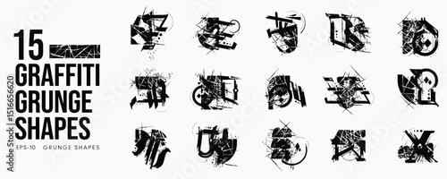 Grunge Graffiti Halftone Texture Elements Set Abstract Geometric Shapes. Ink Spray Horror Borders. Glitch Distortion.  Noise Overlay And Distressed Vector Effects