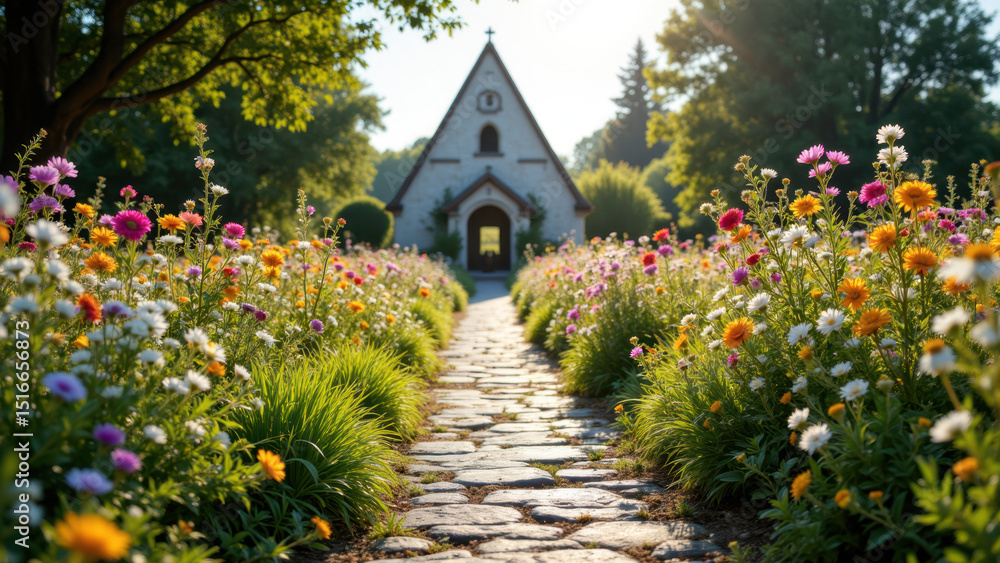 Naklejka premium A serene garden path leading to a charming white chapel surrounded by vibrant flowers under a clear blue sky.