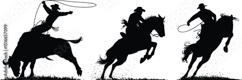 Silhouette vector of rodeo cowboy riding bull and horse, performing lasso trick, wild west action, western sport and adventure scene