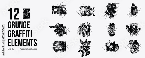 Grunge Graffiti Halftone Texture Elements Set Abstract Geometric Shapes. Ink Spray Horror Borders. Glitch Distortion.  Noise Overlay And Distressed Vector Effects