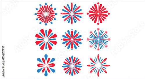 Patriotic Fireworks Display Collection In Red White And Blue Vector Elements