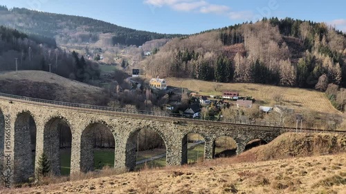 A bridge with a train track winds past a small village surrounded by thick woods in a rural area during fall