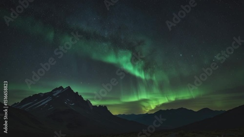 A stunning night sky view with the stunning Aurora Borealis (northern lights) phenomenon. Curtains of electric green light shooting upwards dominate the dark star-strewn sky, creating a dramatic contr