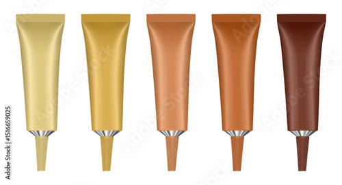 Set of metal tubes with long nozzle. Yellow, gold, beige, bronze and brown tubes. Cosmetic packaging. Serum or ointment. Gel or cream. Pin point nozzle	