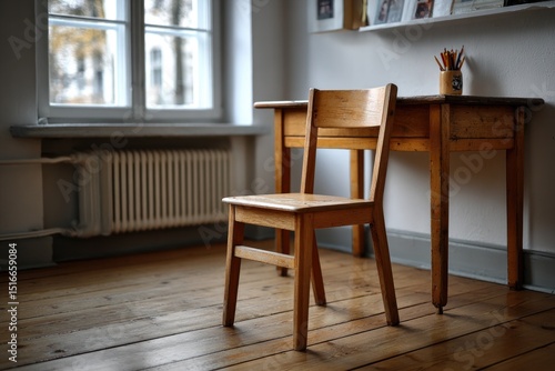 Wallpaper Mural minimalistic photo of classroom with single wooden desk and chair in focus large window providing natural light Torontodigital.ca