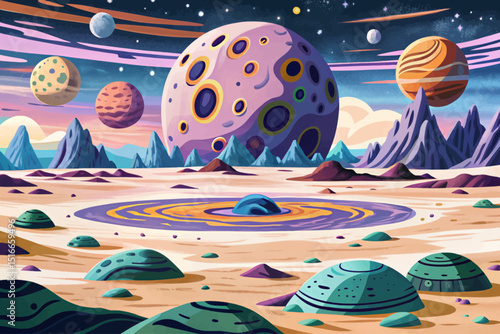 Abstract Alien planet surface vector with craters dark blue cosmos sky with space bodies. cosmic landscape. Fantasy universe object scenery illustration