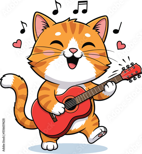 Adorable orange cat cartoon enthusiastically playing a red acoustic guitar and singing cheerful musical notes