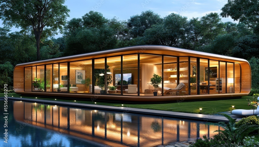 Modern, curved, wooden house with a pool and glass walls, reflecting in the water at twilight Modern, curved, wooden house with a pool and glass walls, reflecting in the water at twilight