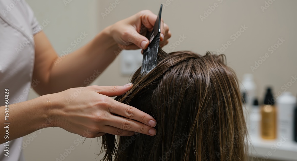 Naklejka premium Hair stylist coloring hair with brush in modern salon 