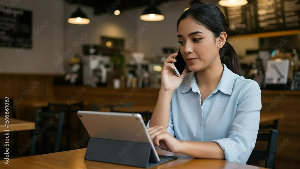 Young woman smiling and talking on phone while using tablet in cozy cafe setting Young woman smiling and talking on phone while using tablet in cozy cafe setting