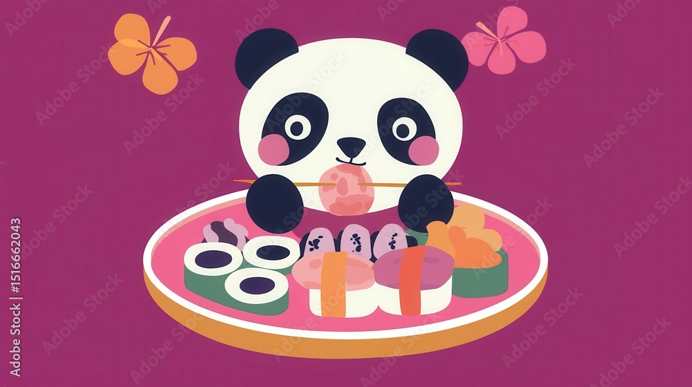 Fototapeta premium Cute panda enjoying a variety of sushi.