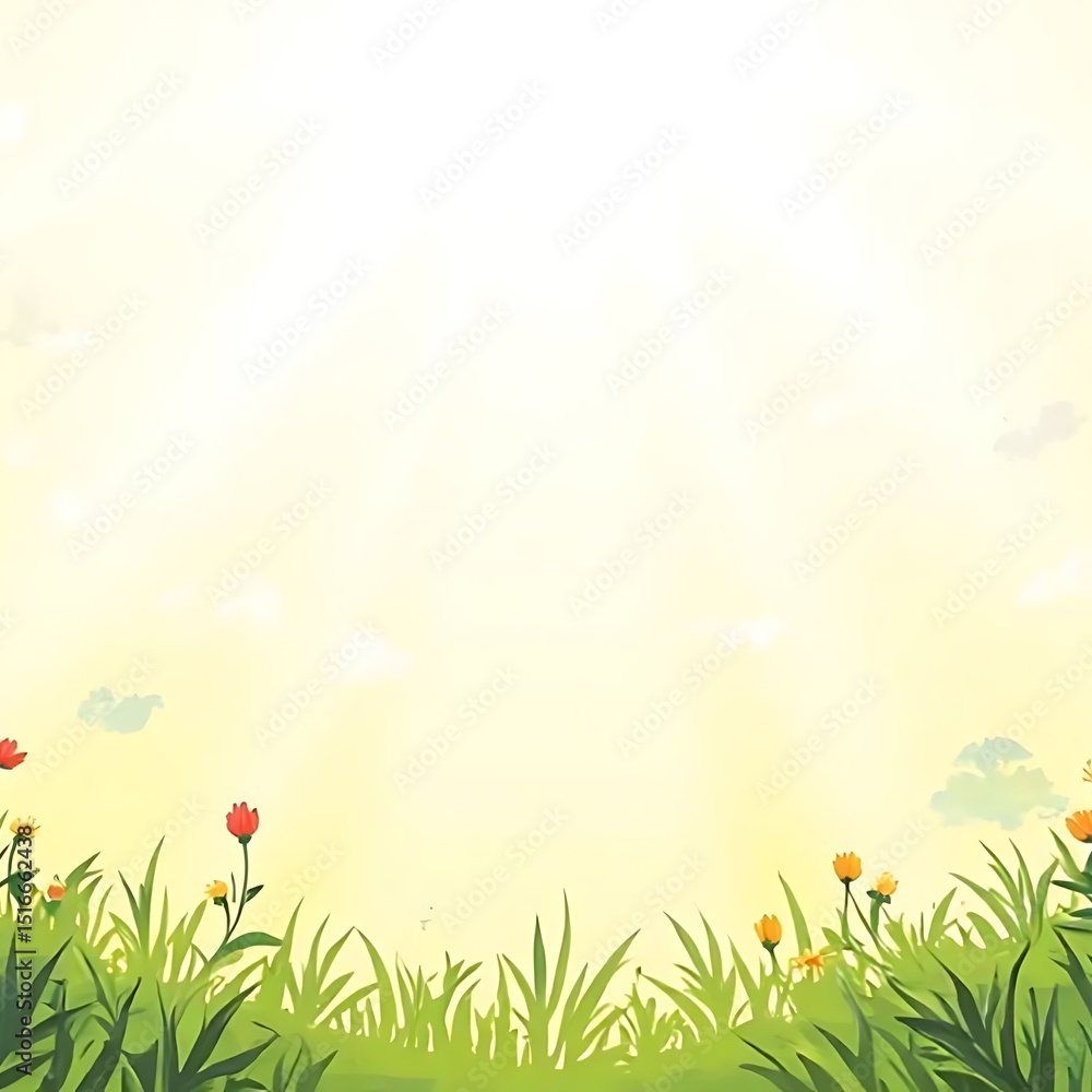 Fototapeta premium Sunny Meadow: Vibrant Flowers, Lush Grass, and a Clear Sky