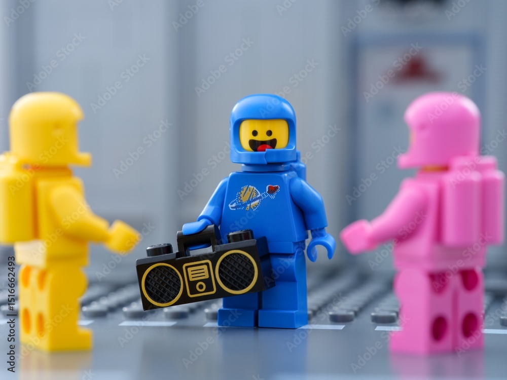 Obraz premium Tambov, Russian Federation - May 30, 2025 Blue Lego astronaut minifigure holding a boombox standing next to two other Lego cosmonaut minifigures