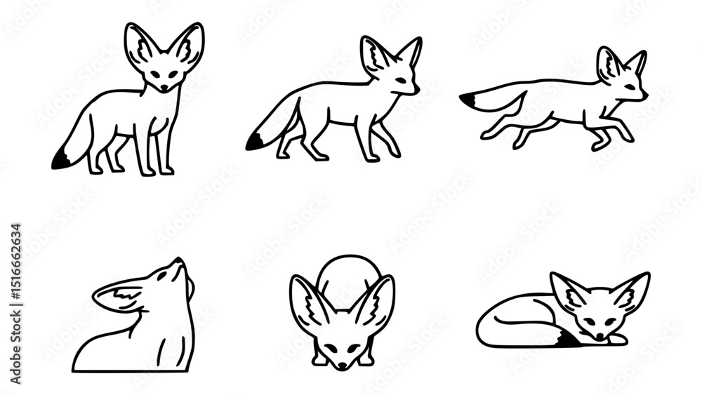 Naklejka premium A collection of minimalist illustrations of Fennec foxes, each portraying a different pose and perspective