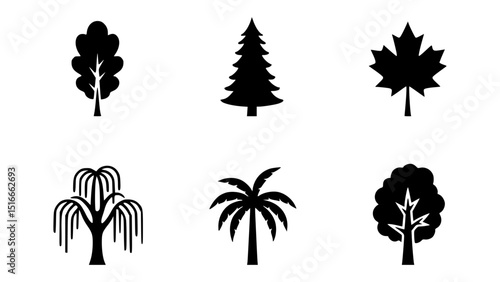 Collection of six simple tree icons: oak, pine, maple, willow, palm, and generic tree.  Each icon is depicted in solid black against a white background