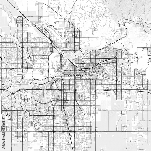 Bakersfield Area Map with Labels and Neighborhoods - One color, minimalistic design