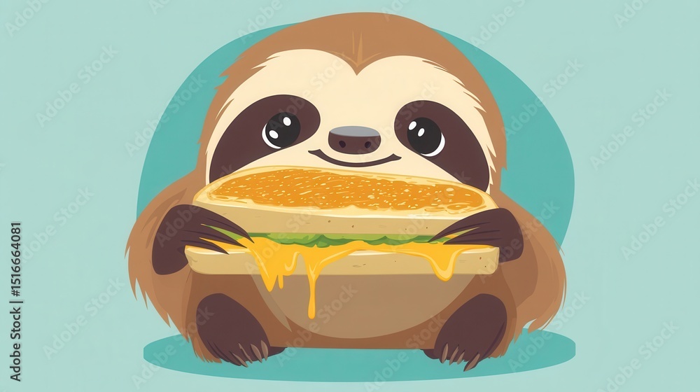 Fototapeta premium Cute sloth enjoying a melted cheese sandwich.