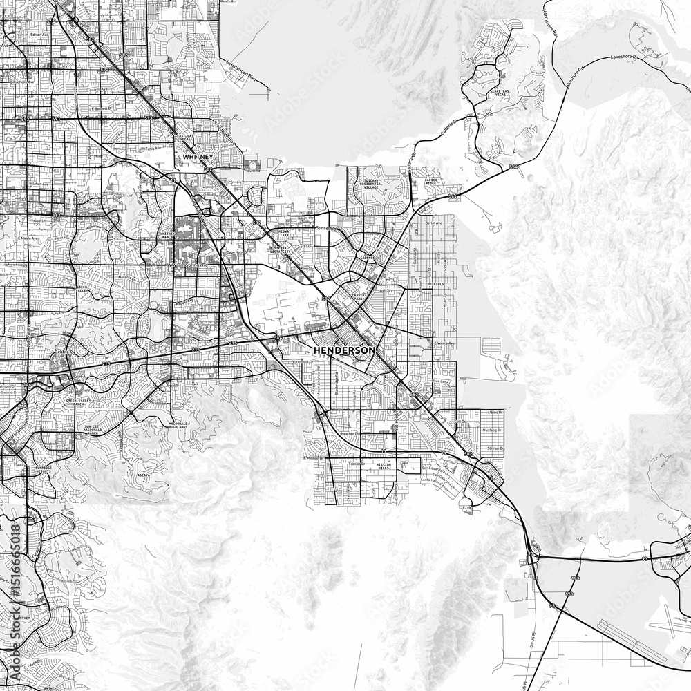 Naklejka premium Henderson Area Map with Labels and Neighborhoods - One color, minimalistic design
