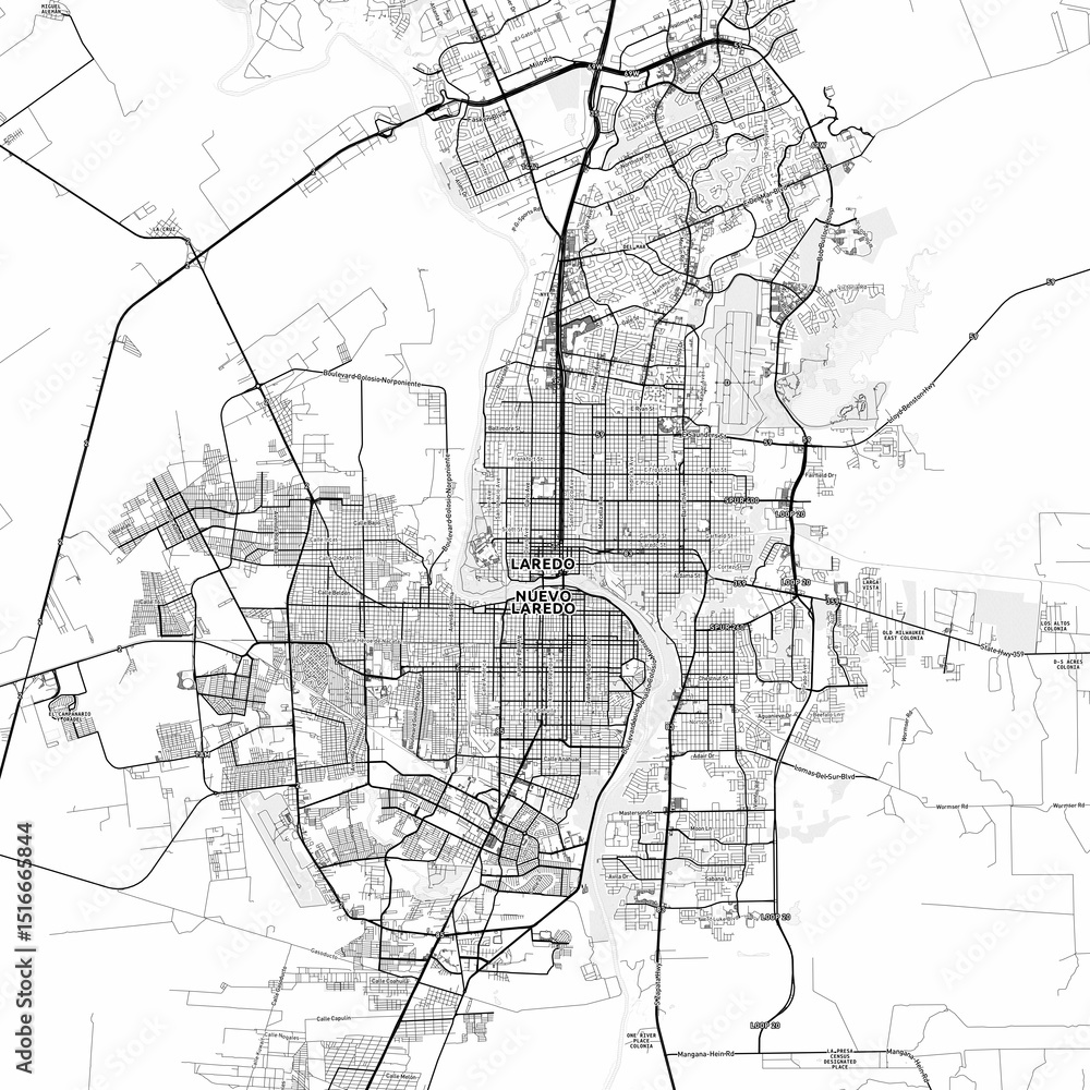 Obraz premium Laredo Area Map with Labels and Neighborhoods - One color, minimalistic design