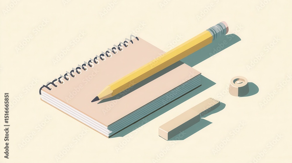 Pastel-toned illustration of a spiral-bound notebook, pencil, and an eraser. Pastel-toned illustration of a spiral-bound notebook, pencil, and an eraser.