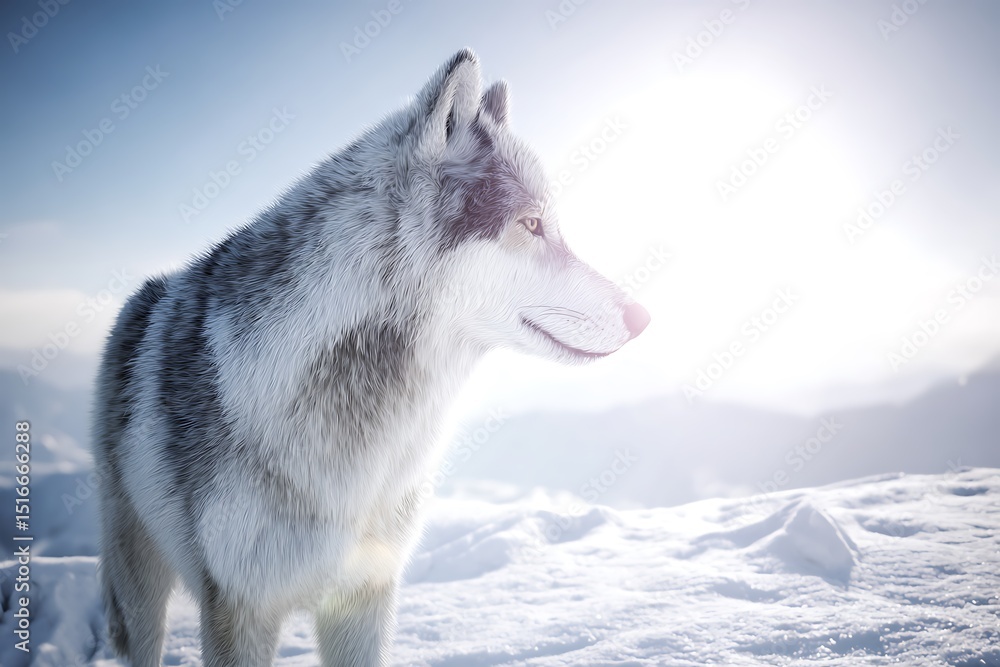 Fototapeta premium Wolf stands vigilant in snow covered landscape