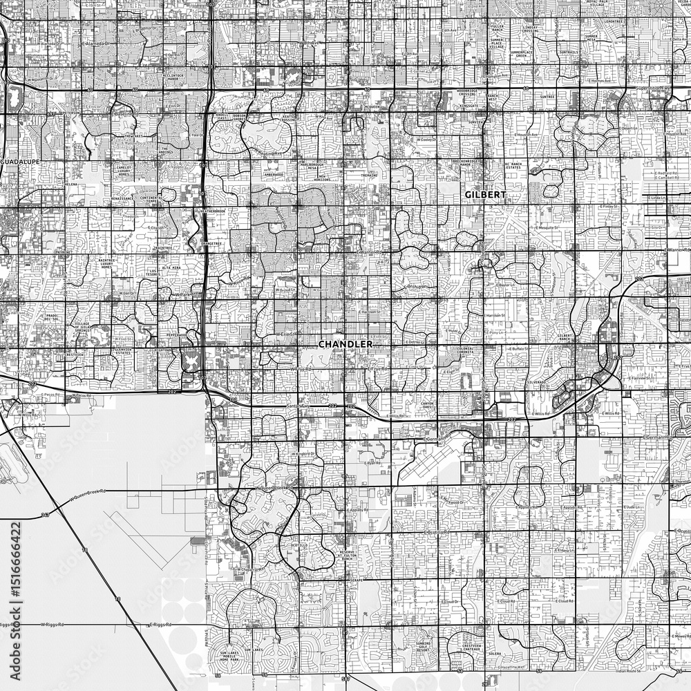 Fototapeta premium Chandler Area Map with Labels and Neighborhoods - One color, minimalistic design