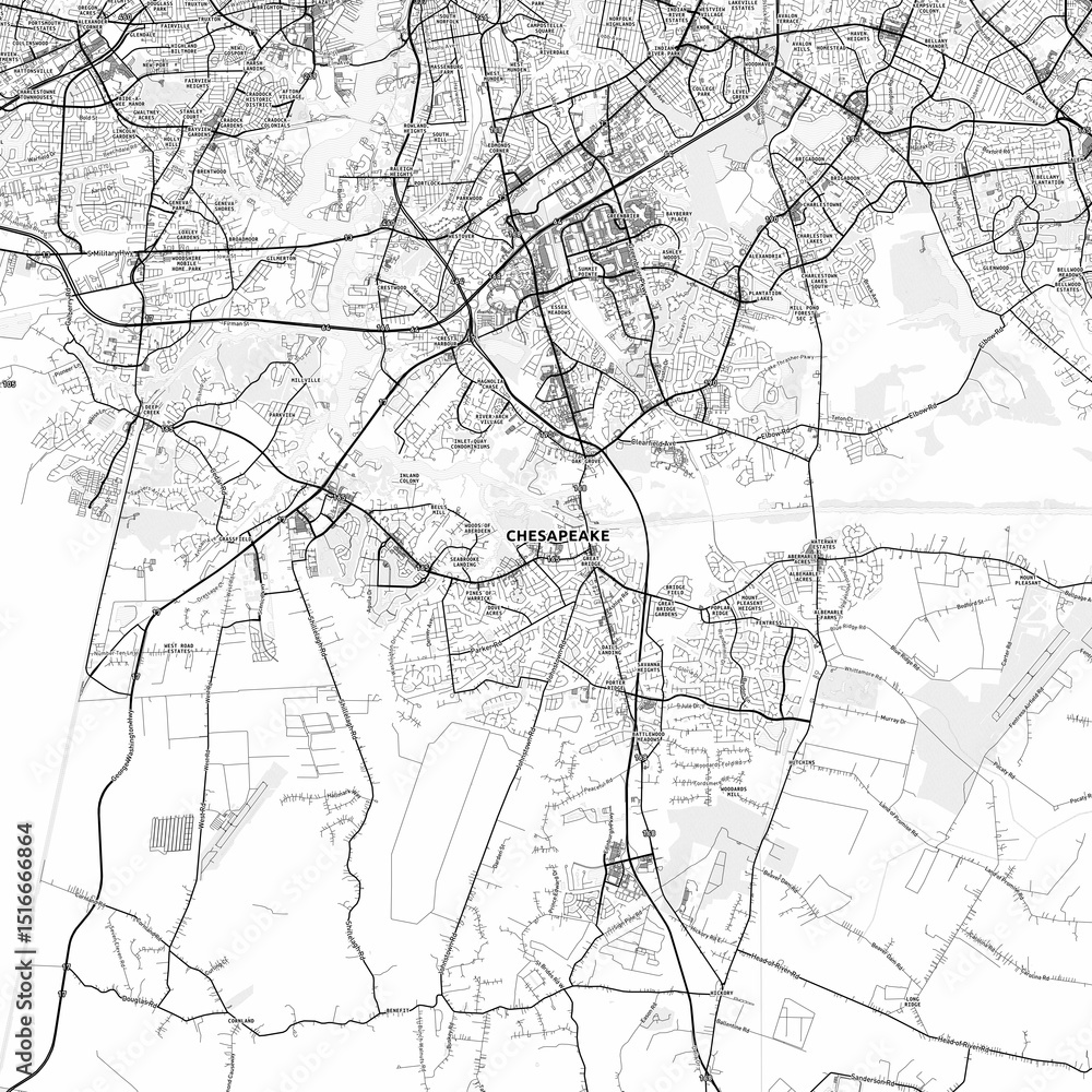 Obraz premium Chesapeake Area Map with Labels and Neighborhoods - One color, minimalistic design