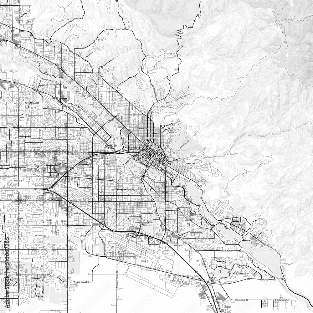 Naklejka premium Boise Area Map with Labels and Neighborhoods - One color, minimalistic design
